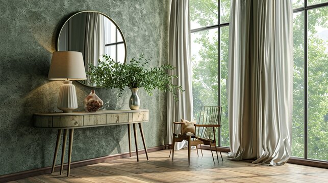 Elegant Green-Walled Living Room with Round Mirror, Console Table, and Sunlit Curtains