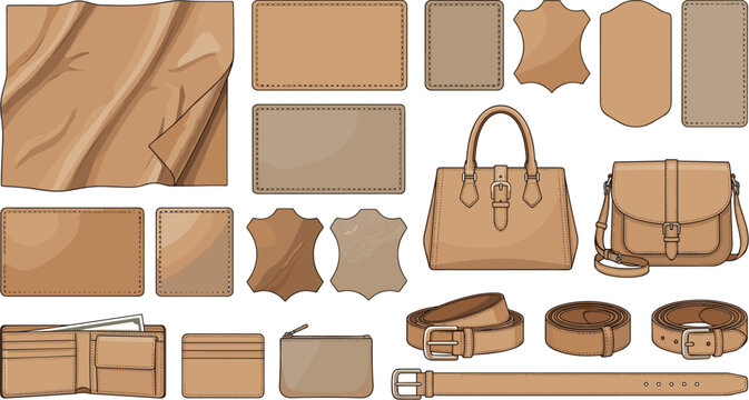 Leather Craft Elements Collection with Wallet, Handbag, Belt, Labels, Tags, Patches, and Fashion Accessories Design Templates