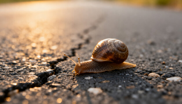 The snail moves slowly on the asphalt