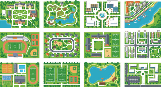 Urban Planning Map Collection with City Layouts, Parks, Residential Districts, Sports Complexes, Campus Plans, and Landscape Design Elements