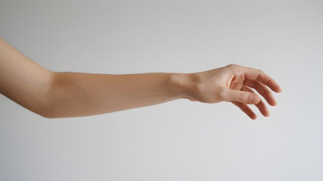 Minimalist female arm reaching out on white background, elegant hand gesture in side view, graceful human limb extended for connection, clean skin texture and natural lighting for healthcare.