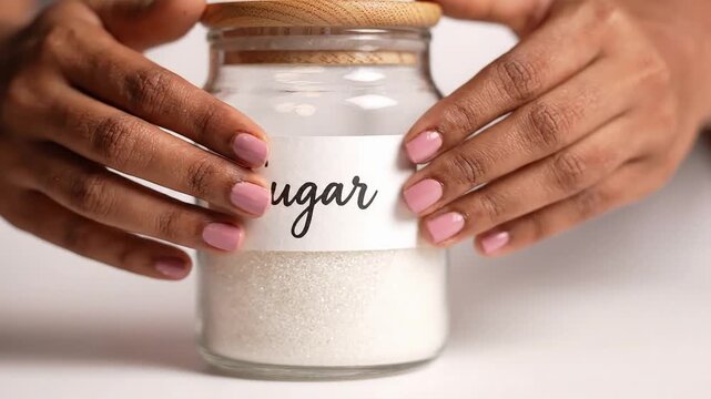 A person holding a glass jar of sugar on a white surface in a video about food and nutrition