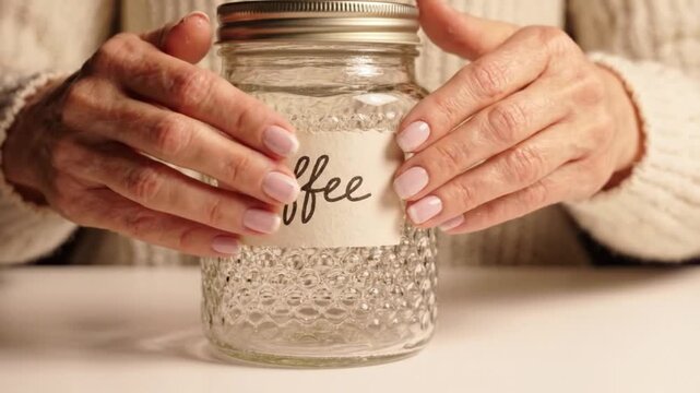A person holds a glass jar labeled coffee on a table in a cozy setting in this video.