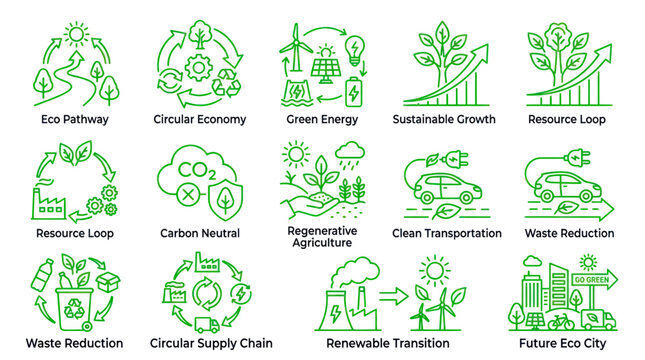 Sustainability and circular economy icons for environmental conservation