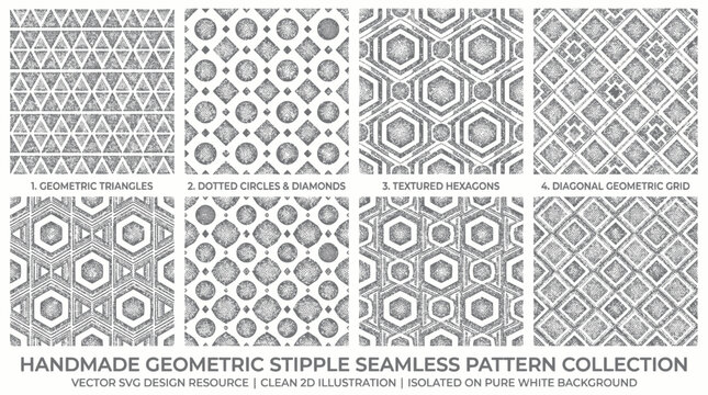 Geometric stipple seamless patterns with triangles and hexagons
