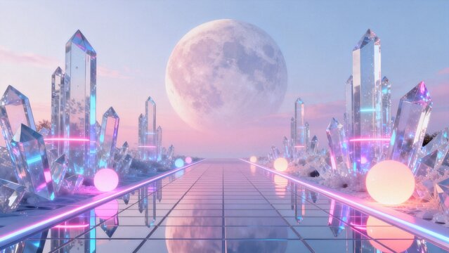 Crystal pathway with glowing orbs and moon