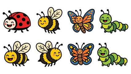 Fototapeta premium Cute cartoon insects ladybug bee butterfly caterpillar set for kids.