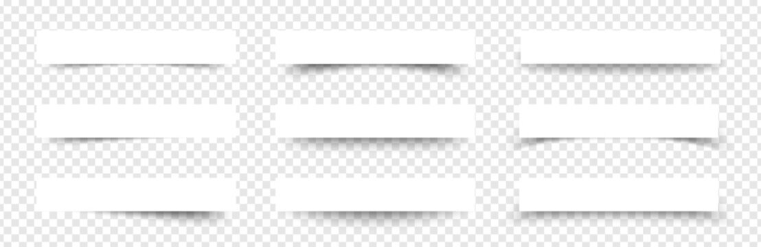 Realistic paper drop shadow banner frame. 3D soft gradient bottom edge overlay mockup vector design. White rectangle card box page border text divider graphic element.