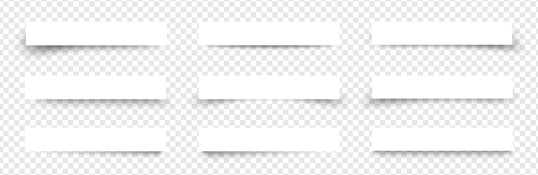 Realistic paper drop shadow edge banner. 3D soft gradient brush grain overlay layout vector design. White page cut poster border card shape divider graphic element.