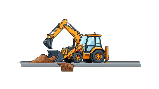 Yellow backhoe loader excavator digging dirt vector illustration isolated on white background