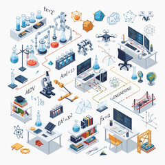 Fototapeta premium An intricate isometric illustration of a modern STEM laboratory, featuring workstations, lab equipment, robotics, drones, mathematical formulas, research.