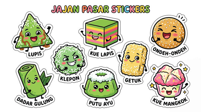 Set of cute cartoon stickers featuring traditional Indonesian market snacks or Jajan Pasar.