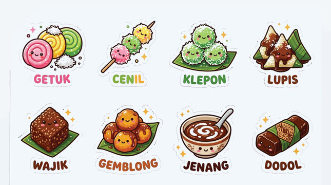 Set of cute cartoon illustrations featuring traditional Indonesian snacks and sweet desserts.
