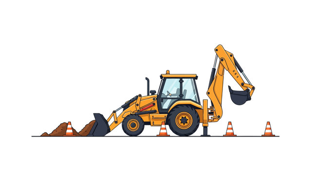 Yellow backhoe loader illustration with excavator arm, traffic cones, and dirt pile on white background