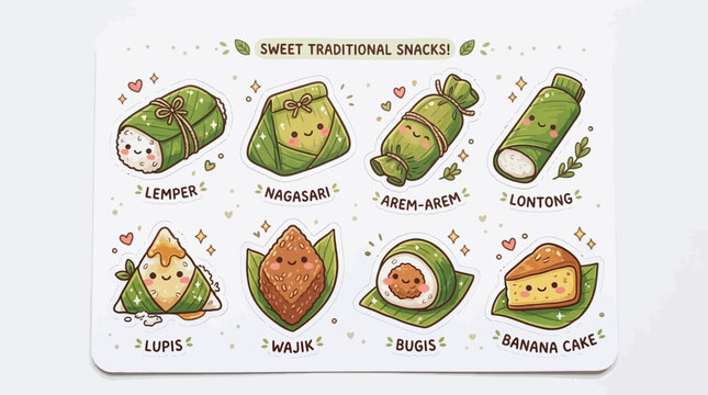 Cute hand drawn illustration set of traditional Indonesian sweet snacks and savory treats.
