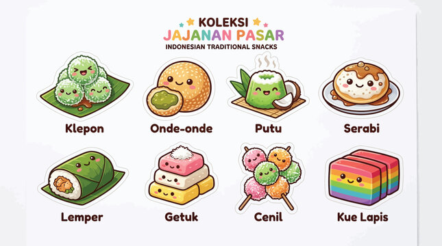 Set of cute cartoon illustrations featuring various traditional Indonesian market snacks known as jajanan pasar.