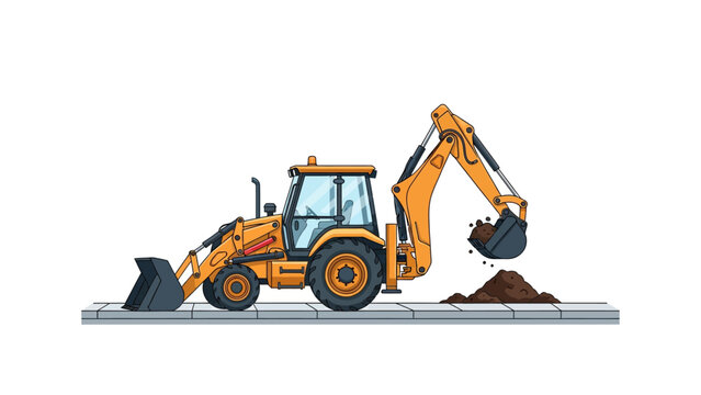 Yellow backhoe loader excavator illustration. Industrial construction machinery vector isolated on white background.