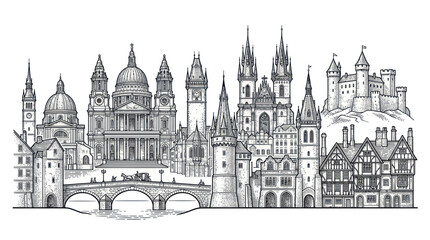 Fototapeta premium European old town skyline with historic landmarks and stone bridge