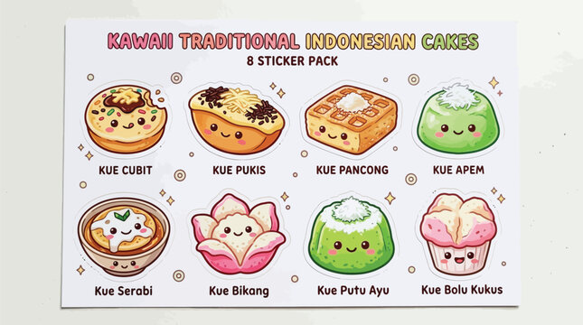 Cute sticker pack featuring traditional Indonesian cakes with kawaii faces and names.