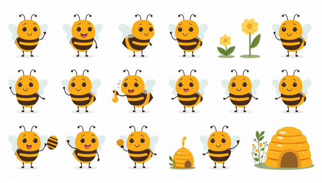 表情の違うかわいい蜂キャラクターの白背景セット