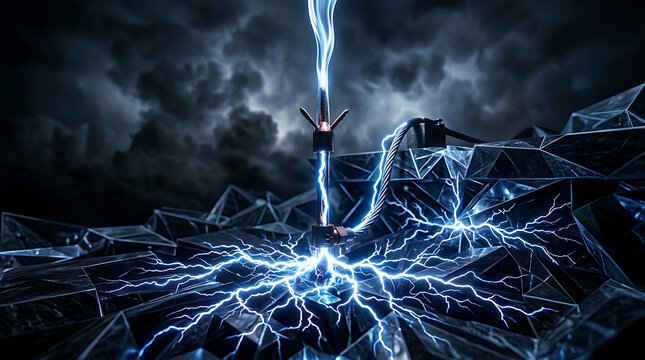 Brilliant blue lightning energy discharge across a stormy, crystal-like landscape, showcasing raw power and futuristic technology