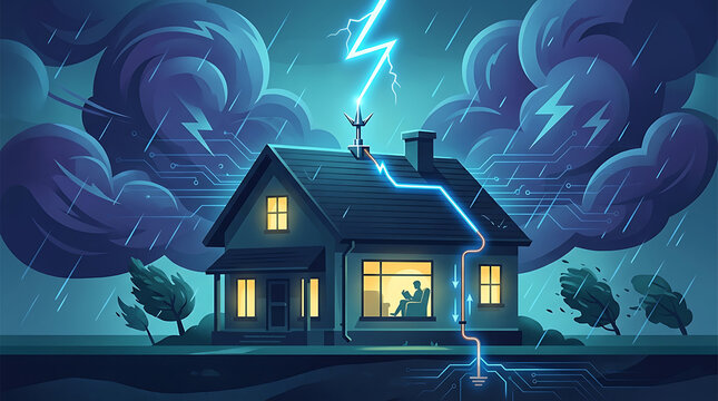 A house with a lightning rod enduring a fierce thunderstorm, showcasing electrical protection technology