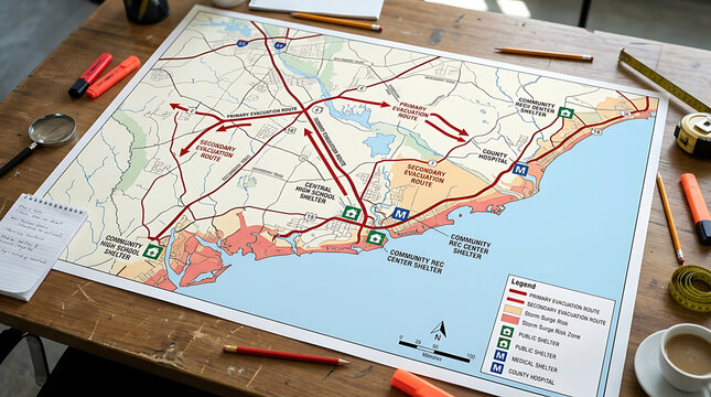 Detailed evacuation route map for emergency planning showcasing shelters and transportation networks