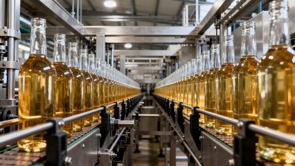 Naklejka premium Bottles filled with liquid on conveyor line