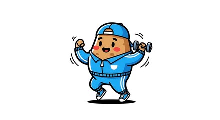 Fototapeta premium Cartoon boy wearing blue winter clothes and hat.