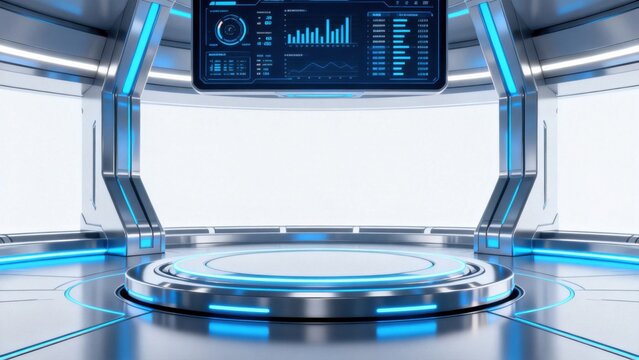 Futuristic control room with digital display