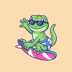 Fototapeta premium Cartoon lizard on surfboard wearing sunglasses.