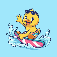 Obraz premium Cartoon duck wearing sunglasses surfing.