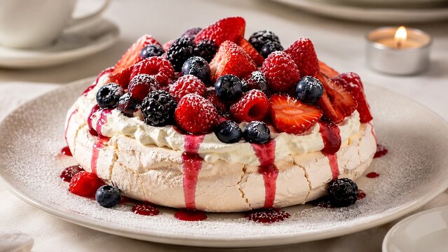 A pavlova dessert with fresh berries