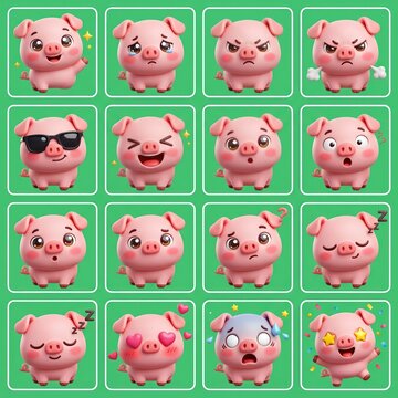 Cute 3D Cartoon Pig Character Emotion Set with Various Facial Expressions for Stickers, Emojis, and Digital Asset Design on Green Background