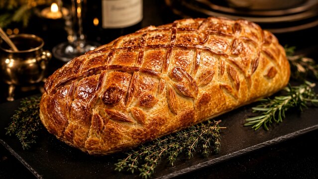 A close up of a fully cooked  beef wellington resting before being served.
