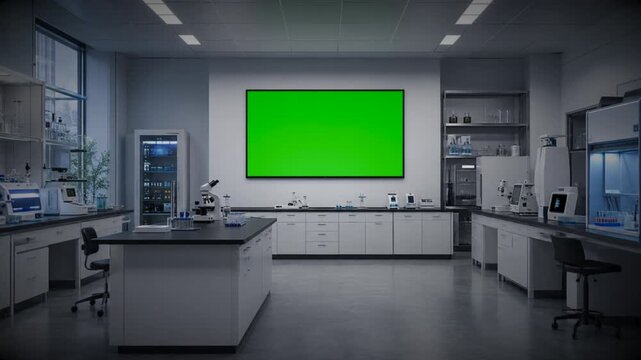 Modern scientific lab with green screen monitor