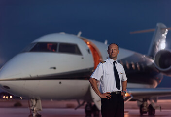 Confident male airline pilot in uniform standing with hands on hips on airport tarmac beside luxury private jets at dusk ideal for aviation career and private jet charter concepts © .shock