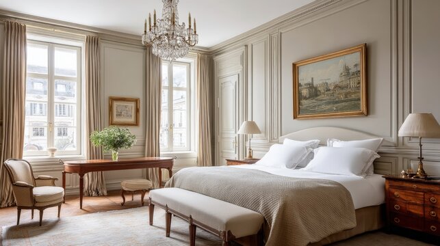 Elegant Parisian Hotel Suite Bedroom with Vintage Chandelier and Classic Decor