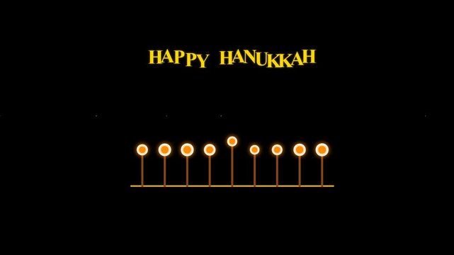 Happy Hanukkah greeting with a menorah and glowing candles on a dark background.