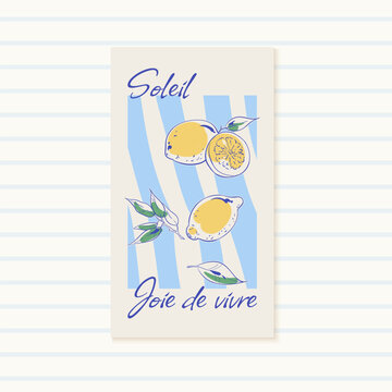 Whimsical yellow lemon sketch on blue set. Cute mediterranean brunch card as coquette poster with social media banner mood. Hand lemon doodle and leaves set suit cafe menu, vintage italy food print