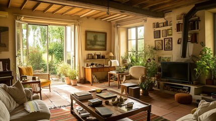 Fototapeta premium Sunlit Rustic Living Room with Cozy Furniture, Plants, and Wooden Beams