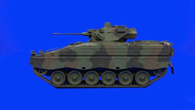 A precise 3D animation of an M2 Bradley armored vehicle featuring a woodland camouflage pattern, driving from side profile. Placed on a solid blue screen backdrop for professional keying and seamless 