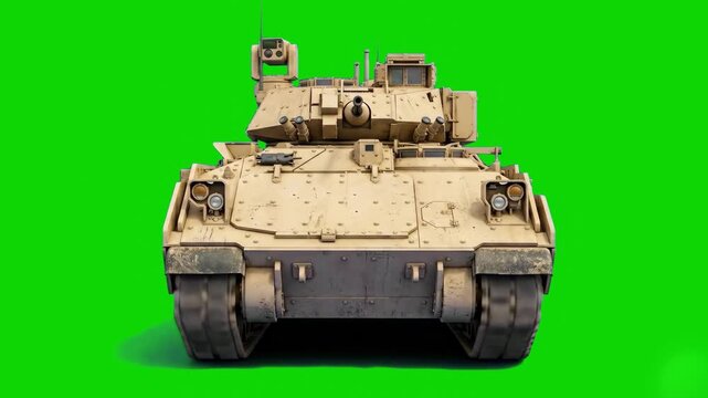 A detailed 3D animation of an American M2 Bradley infantry fighting vehicle in desert tan camouflage driving directly forward. Set against a solid chroma key green background, it is optimized for tact