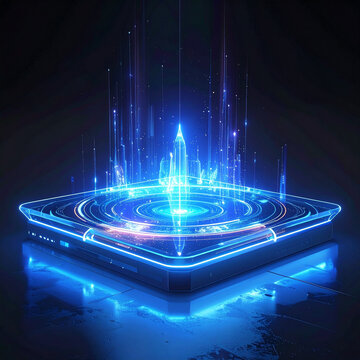 Digital data portal with glowing blue light beams and futuristic city