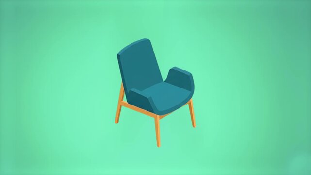 A clean isometric 3D render of a stylish modern teal blue armchair with wooden legs, set against a soft light green backdrop. Ideal for interior design presentations, furniture catalog layouts, home d