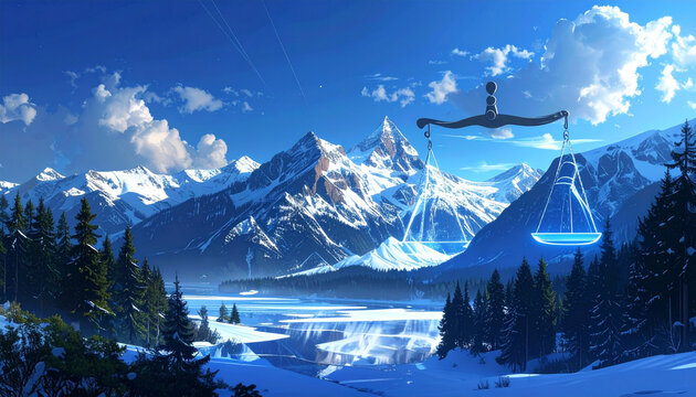 Digital illustration of Libra scales over snowy mountain landscape