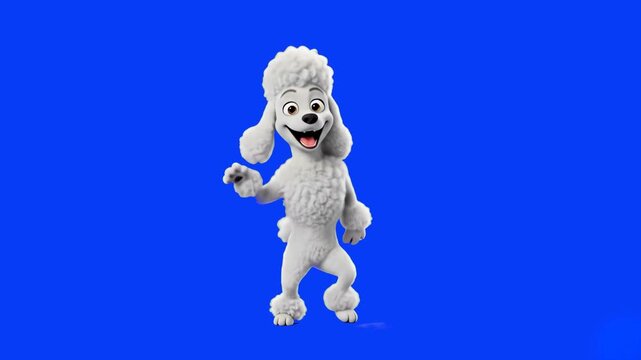 A joyful 3D animated white poodle dog standing on its hind legs and doing a happy dance. Placed against a vibrant blue studio backdrop, this high-energy character is ideal for entertainment and pet pr