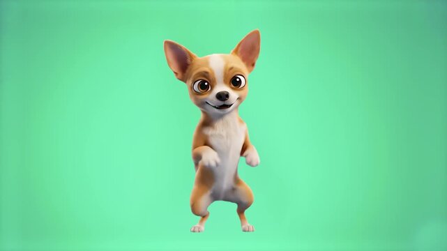 A tiny 3D animated chihuahua dog character standing on its hind legs and performing a playful dance. The cute brown and white puppy moves happily against a light green gradient backdrop.