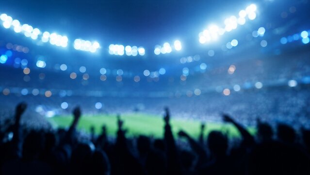 Large crowd of people cheers with raised hands in a brightly lit sports stadium during a night event.