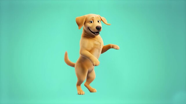 A cute 3D animated golden retriever dog dancing playfully on its hind legs with a cheerful expression. Placed on a solid turquoise backdrop, it is ready for creative integration into commercial and so